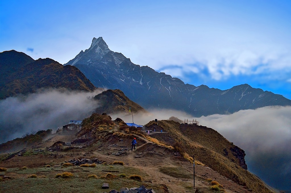 Evening in the Himalaya mountains. Machapuchare peak, Fish tail top.